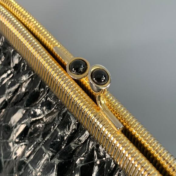 Vintage Black Gold Tone Snakeskin Leather Kiss Lock Evening Handbag - Picture 8 of 10